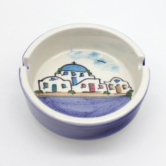 Vintage 4" Greece Landscape Hand Painted Ceramic Ashtray, Souvenir Dish - Picture 2 of 5